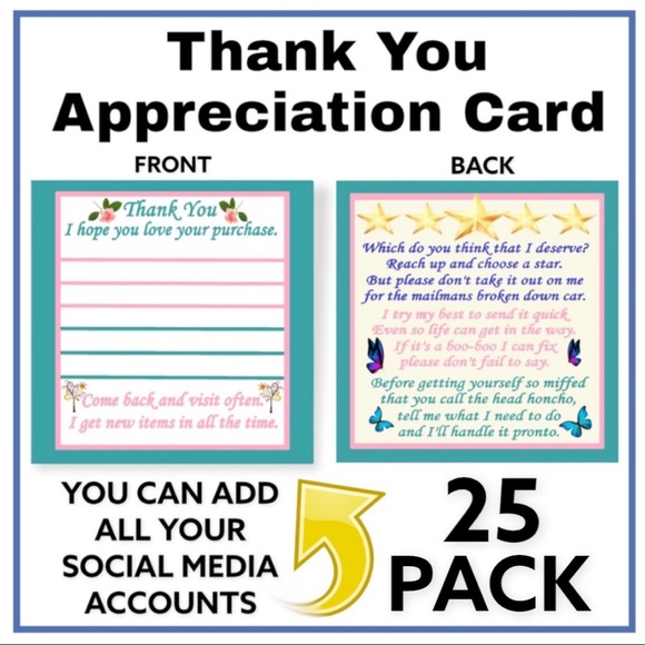 25 3x3 Thank You / Appreciation Card ADD ON DEAL PRICE IS FIRM - Picture 2 of 4